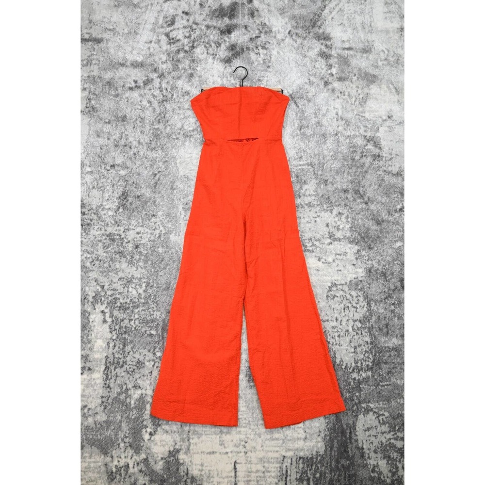 Free People Orange Seersucker Strapless Wide Leg Jumpsuit Size 2